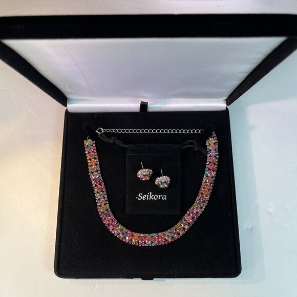 Choker Necklace Earrings Jewelry Set Zirconia Spark Multi color with Gift Box - Picture 7 of 7